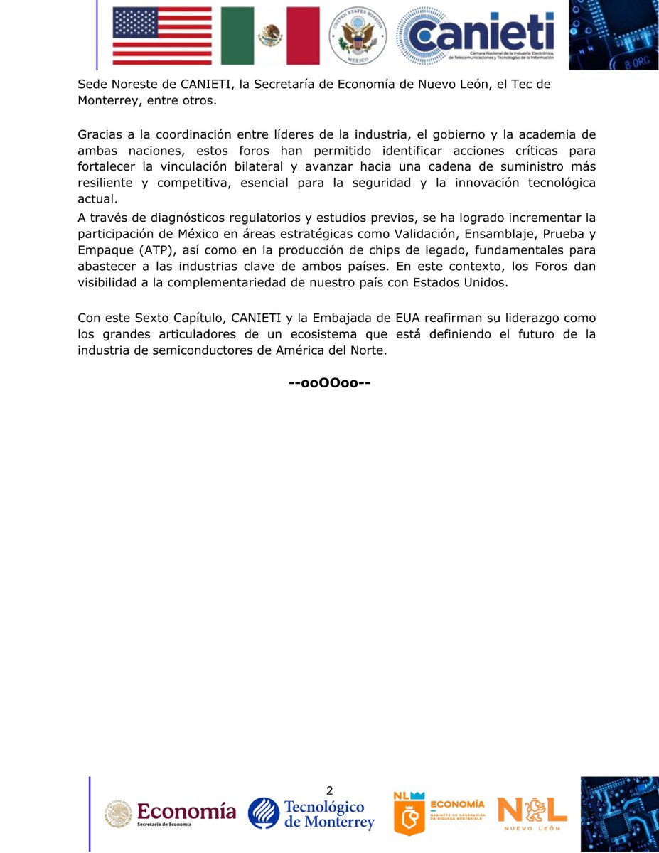 #BoletínDePrensa Se realiza el Foro de Semiconductores México–EUA, Capítulo 6: Monterrey, con la participación de autoridades de 🇲🇽 y 🇺🇸, líderes de la industria, academia y organismos de ambos países, para impulsar el fortalecimiento de la cadena de valor de semiconductores.