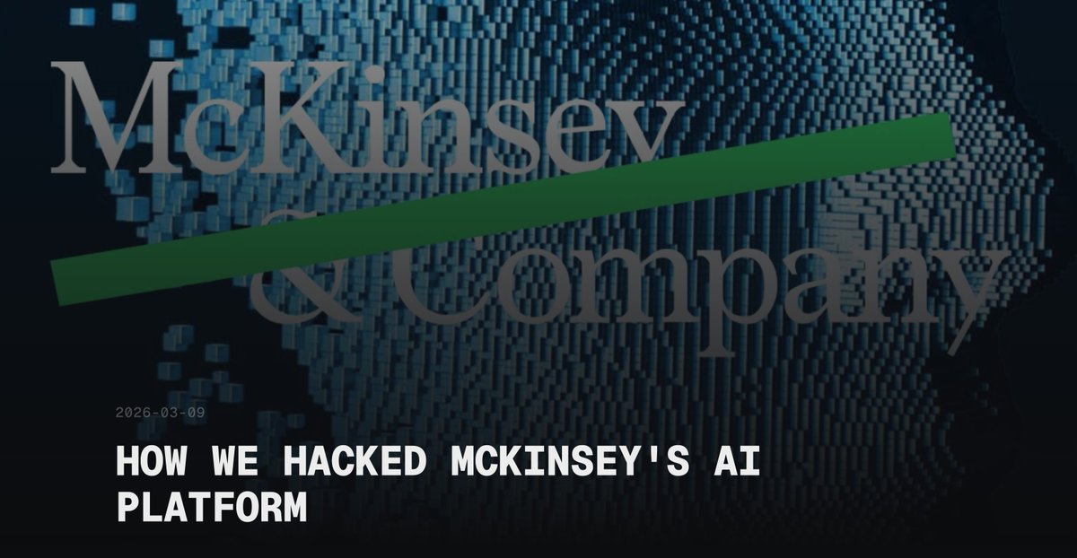 usmansheikh's tweet photo. McKinsey's internal AI platform got hit by a white hat attack. The attackers found millions of chat messages and confidential docs all in plaintext.

The most concerning part of the exploit report was what they could have done. They had write access to the system prompts, the instructions that control how the AI responds. 

Small changes to how 43,000 consultants receive analysis and advice. Nobody using the tool would know the prompt had changed.

Cybersecurity is about to matter a lot more than most companies think. 

Also the most dangerous attacks going forward won't be data dumps. They'll be quietly adjusting the parameters that shape how people think and decide.
