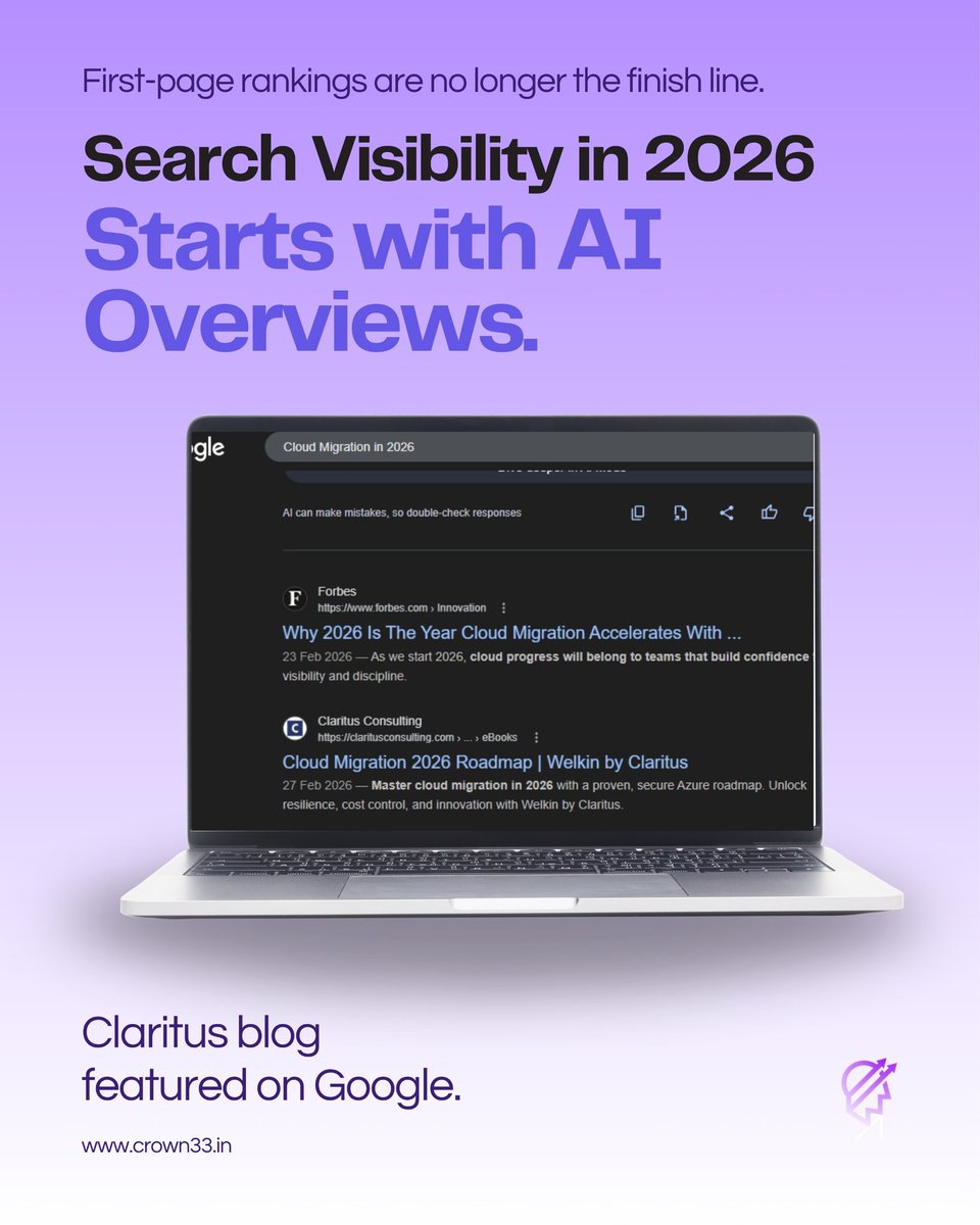 crown33ai's tweet photo. In 2026, the real visibility happens inside Google’s AI Overviews.

Proud to see a @consultclaritus blog surface there.

Experience SEO that prepares brands for the next layer of search. https://t.co/kjQrUmDUez