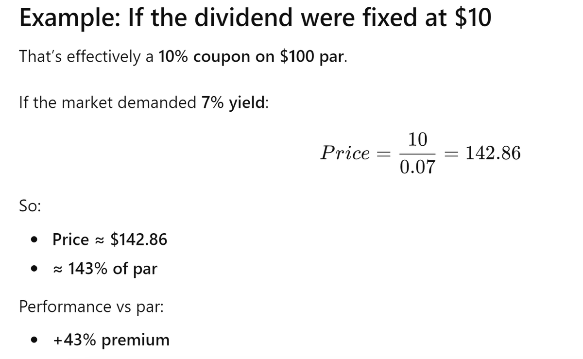 HUGESKY852's tweet photo. I had a chat with @RichardByworth on $STRC a while ago. The market has really not priced this instrument to anywhere near fair value yet. I maintain that on credit metrics alone fair value for STRC is around 5-7% (conservatively)
at 7% yield the implied pref price = 143%  vs 100 today
-The div rate is variable so dividend rates will fall, but this clearly gives you an indication of how much buying can continue here! think billions $
-Trading bank prefs and other corp prefs with uncertain assets, complication and MUCH higher leverage they can trade to circa 5-9%  depending on rating
-The problem is rating agencys still dont value BTC correctly and punish it for its (current) volatility. When the agencies move or when credit investors price vs fundamentals the move from 11.5% to 7% or even 5% is very real
- remember the GFC when investors and rating agencies did not price bad loans, bad assets properly and the volatility of those assets eventually exposed themselves? Well the opposite is true here. MSTR has leverage similar to a 'A' rated corporate with a pref trading at high yield / almost distressed levels
- 'B' rated bank prefs trade at around 7-12% BUT leverage is 11-14X and we know what happens to banks when the tide goes out
- $MSTR is 0.23% leveraged on a liquid asset trading 24/7 /365  rated (incorrectly at B) with cash interest reserves >70 years
-Something that is 20-40% cheap today can garner some serious buying interest or more to the point ATM can print billions of $ of STRC for BTC
- The asymetry in the asset is one thing; the asymmetry in the credit valuation is another large bonus (and its not small) 
not investment advice.
#digitalcredit   #btctc #digitalcentralbank