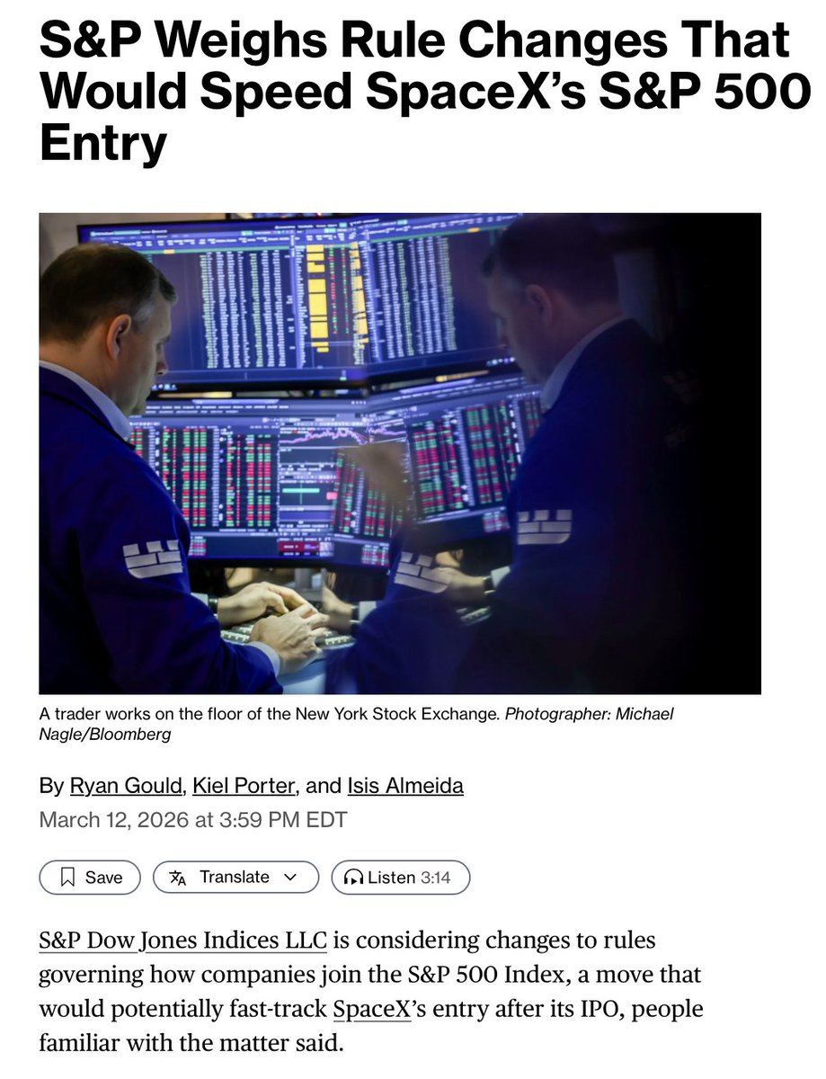 SawyerMerritt's tweet photo. Potentially massive news.

S&P is considering changing its rules for how companies join the S&P 500 Index, a move that would potentially fast-track @SpaceX’s entry after its IPO.

The rule change could mean that SpaceX would see a wave of billions of dollars in forced buying. Funds that track the index must buy newly added stocks, and roughly $24 trillion is tied to the S&P 500.

Unlike other indexes, there has been no fast-track for joining the S&P 500. Companies need to meet criteria including having a market capitalization — the value of outstanding shares — of at least $22.7 billion, be domiciled in the US and be a public company for 12 months. But that could soon change. Any decision to allow a new entrant is made by a committee.

The Nasdaq is also considering a proposal to speed up the inclusion of newly listed, large-cap firms in the widely followed Nasdaq 100 benchmark, and FTSE Russell has launched a consultation on the treatment of large IPOs in its Russell US Equity Indexes.
