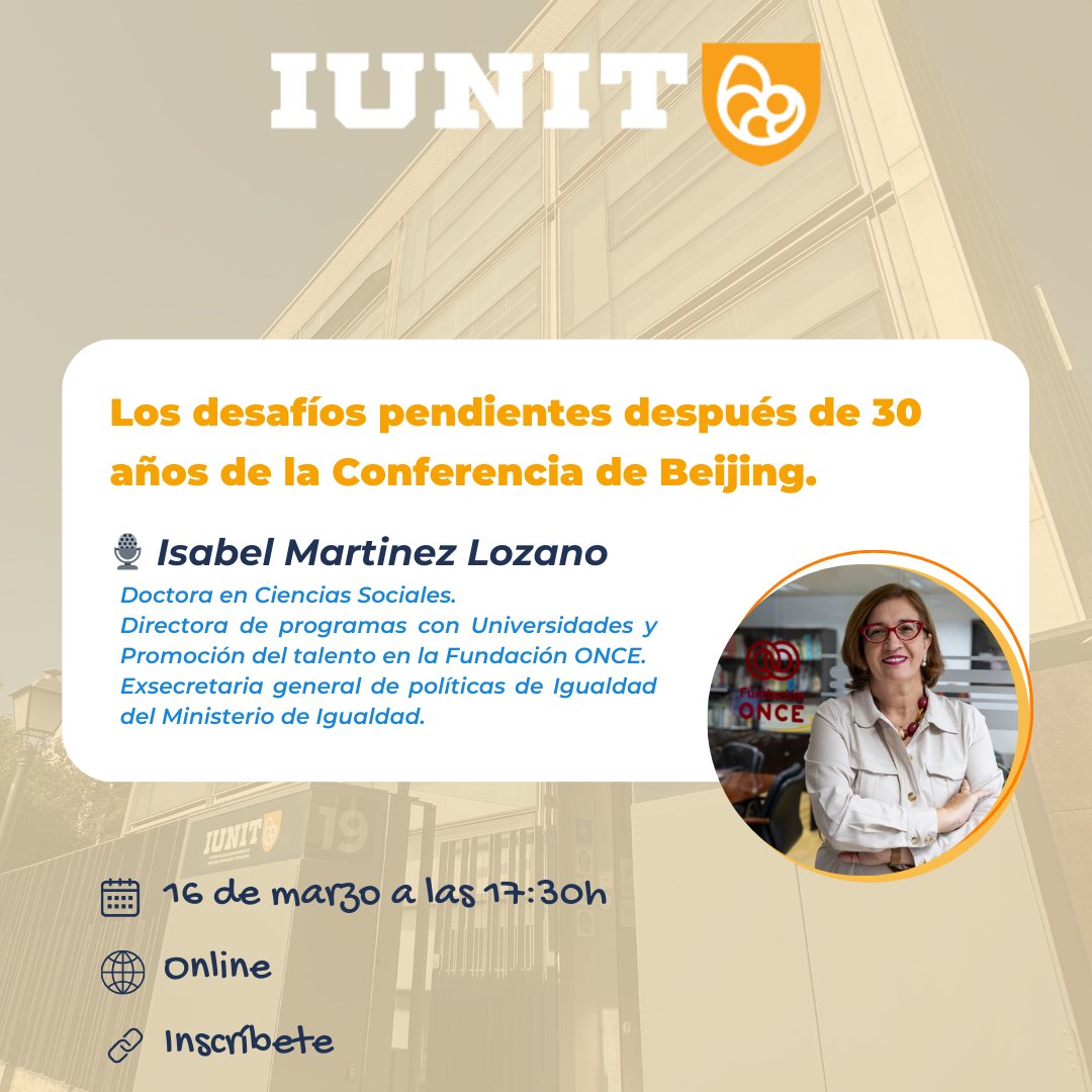 UISEK's tweet photo. A 30 años de la #ConferenciadeBeijing, los desafíos en igualdad siguen vigentes.

Nuestra institución hermana #IUNIT, organiza este espacio de reflexión con Isabel Martínez Lozano, experta en políticas de igualdad.

📅 16 de marzo | 🕠 17:30 (España)
 🔗 https://t.co/qm5n3yjTAj https://t.co/TzpJGptgxq