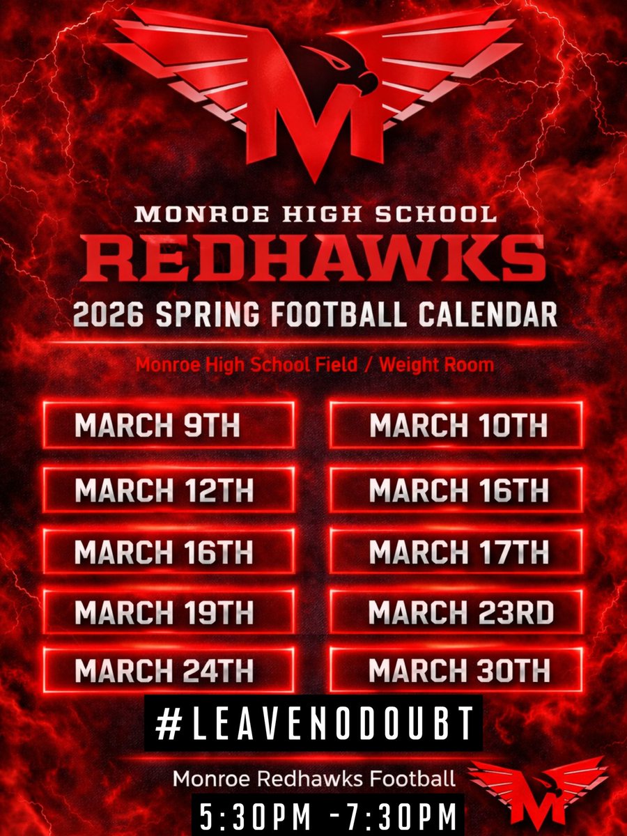 Monroe_Redhawks's tweet image. Hawks are locked in this Spring putting in the groundwork for this upcoming 2026 football season!
#LeaveNoDoubt
#NoLimitsAllSeason