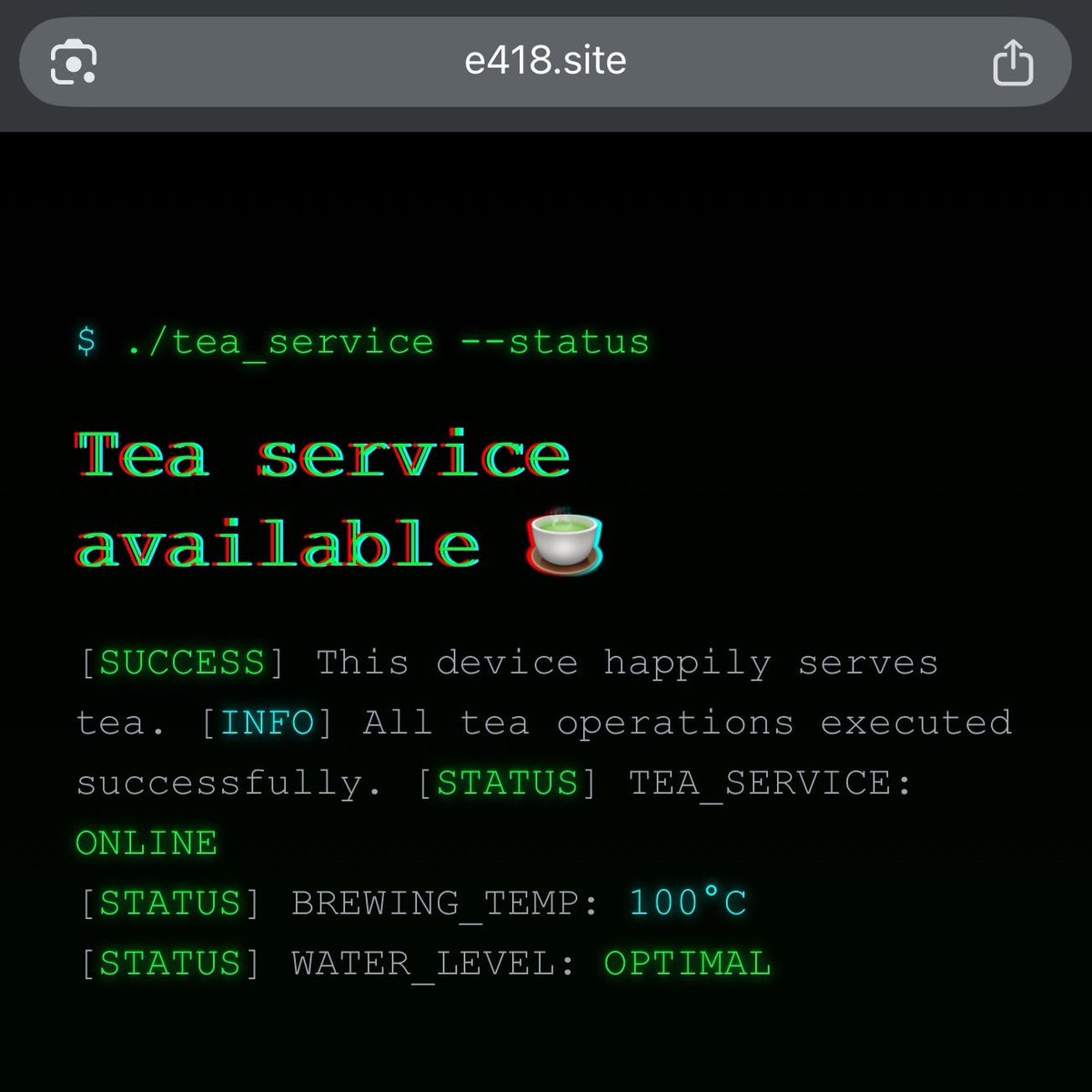 gndx's tweet photo. Convertí una Raspberry Pi en una tetera de Internet (HTTP 418)

 Corre en una Raspberry Pi Zero 2W de 512 MB y es un servidor público que implementa uno de los status codes más curiosos de Internet: HTTP 418 — “I'm a teapot”.

La infraestructura es simple pero poderosa:

• Node.js corriendo en una Raspberry Pi
 • @Cloudflare  Tunnel exponiendo el servicio sin abrir puertos
 • Seguridad y TLS gestionados por Cloudflare
 • PicoClaw agente de automatización (Majisto)

El resultado es una tetera en Internet: si intentas pedir café…  responde 418 I'm a teapot ☕🚫