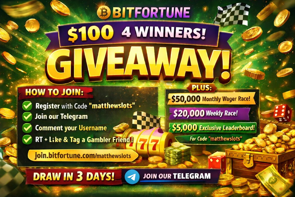 🎁 $100.00 BITFORTUNE GIVEAWAY – 4 WINNERS! 🎁

How to join:
✅ Register under code matthewslots
👉 join.bitfortune.com/matthewslots

✅ Join our Telegram
👉 t.me/+jIU6E4W5WCVmO…

✅ Comment BitFortune username
✅ RT + Like &amp; Tag a gambler friend 🎰

⏰ Draw in 3 days!

🔥 $50K Monthly