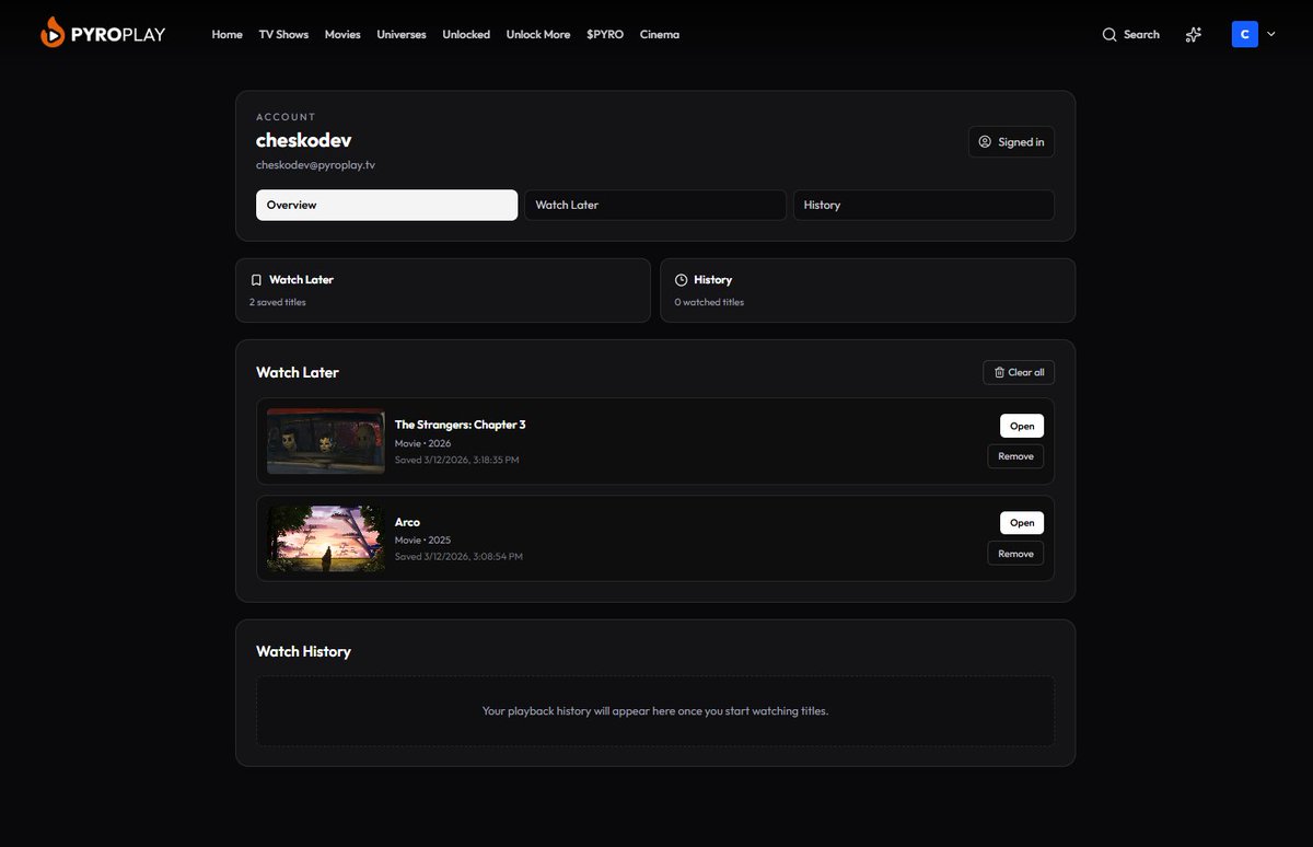 Profiles and Watch Later done!

Pushing new update soon 
Website: pyroplay.tv
CA: 14qW8bcMkmHQtgJ8VohkR4FXiuYWqvLy4AtpGbuDpyro