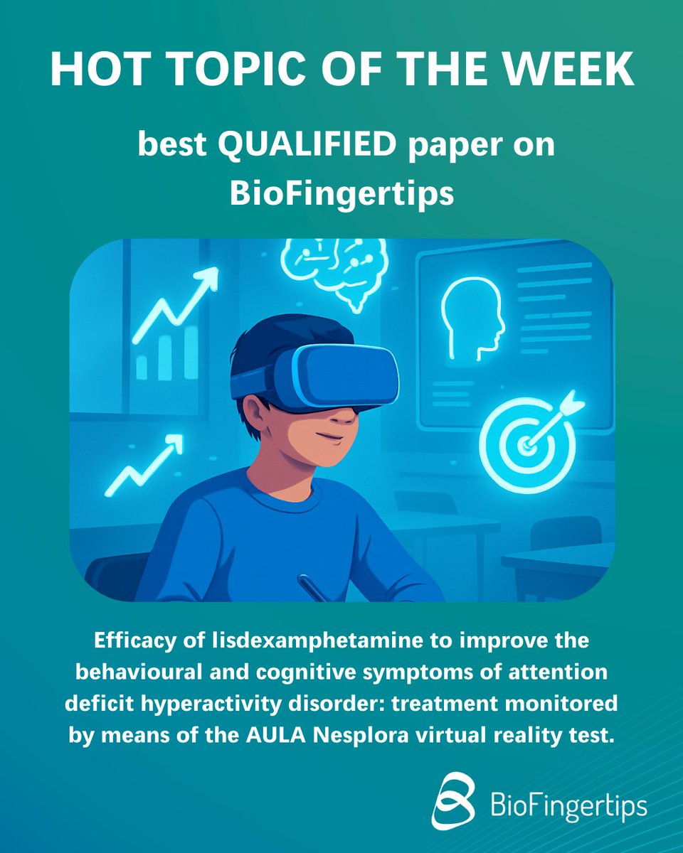 biofingertips's tweet photo. HOT TOPIC OF THE WEEK | Best Qualified Paper on BioFingertips

This week’s best qualified paper on BioFingertips was: “Efficacy of lisdexamphetamine to improve the behavioural and cognitive symptoms of attention deficit hyperactivity disorder: treatment monitored by means of the AULA Nesplora virtual reality test.”

In this study of 85 patients aged 6-16 years with ADHD, lisdexamphetamine treatment led to significant improvements in selective and sustained attention, attention focus quality, and hyperactivity, with moderate improvements in impulsivity.

The study also highlights the potential of the AULA Nesplora virtual reality test as an objective tool to monitor cognitive and behavioural responses to treatment.

Being the best qualified paper reflects what healthcare professionals on BioFingertips recognized as high-quality and clinically meaningful evidence.

Through the rating feature, the BioFingertips community helps signal which research deserves greater visibility.

Read the paper here:

https://t.co/naQQs8SzCj

#BioFingertips #HotTopicOfTheWeek #HealthcareProfessionals
#ADHD #MentalHealthResearch #Neuroscience
#EvidenceBasedMedicine #DigitalHealth #ScientificInformation