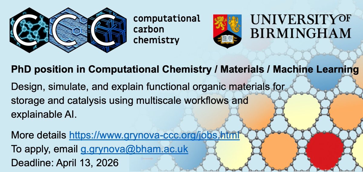 grynova_CCC's tweet image. We have a fully funded PhD position (UK students only) at @UoBChemistry to work on #multiscale #modelling and #ML of organic #materials! Details grynova-ccc.org/jobs.html #PhDjobs #chemPhD Please spread the word!