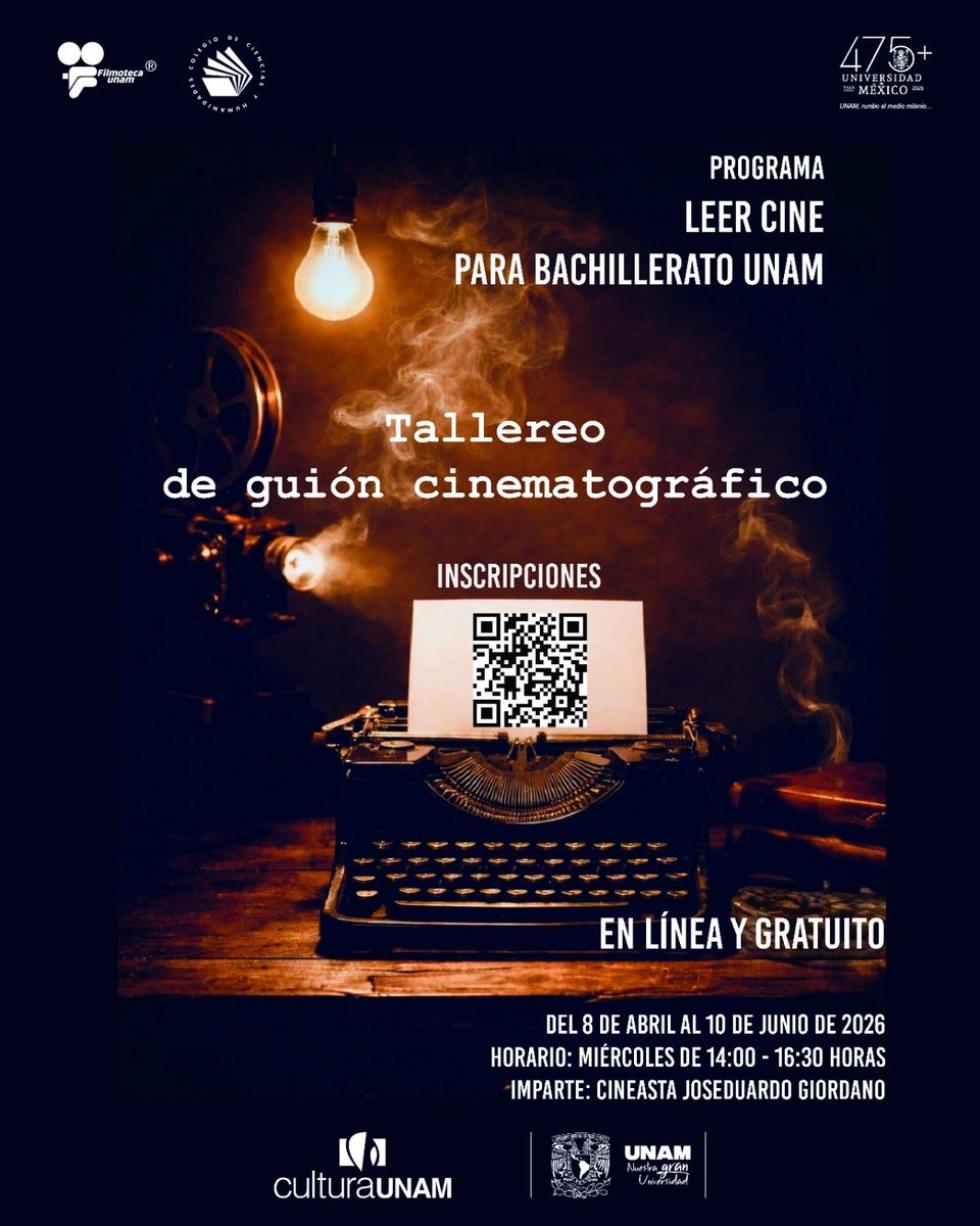 FilmotecaUNAM's tweet photo. 🎬 ¿Te interesa el cine y estudias en el bachillerato UNAM?

El programa #LeerCine invita al "Tallereo de guion cinematográfico", donde aprenderás a analizar películas y a dar forma a tus propias historias para la pantalla.✨

+info: https://t.co/vv769NjWGd https://t.co/P9fbSFIfB8