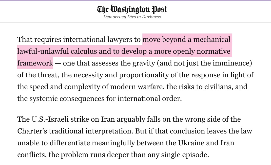 A Washington Post op-ed says we need to stop thinking about such silly concepts as whether US actions are "legal" or "illegal." They admit that by these outmoded criteria the Iran war is of course illegal. But if we adopt a new framework, we will see that crime is good.