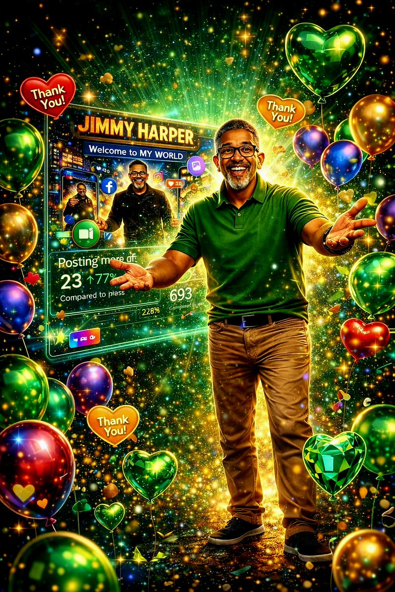 Jimmy_Harper's tweet image. Just sharing that energy back — the colors, smiles, balloons, and emerald sparkle are all part of the joy we’re building together as the journey grows.
— Jimmy Harper

#SmileMaker
#CreativeEnergy
#DigitalArt
#PositiveVibes
#JimmyHarper