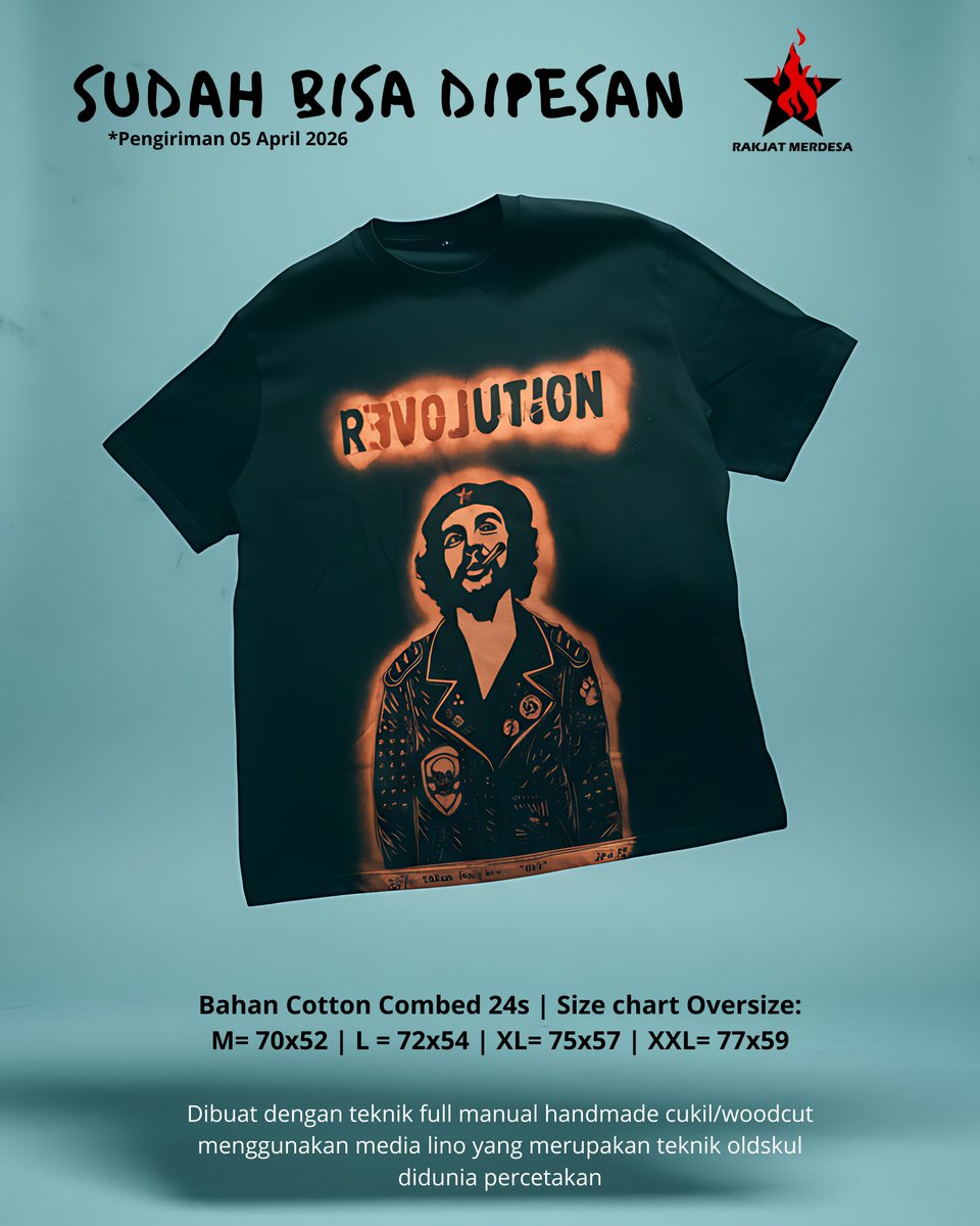 Kaos Che Guevara - REVOLUTION
Sudah Bisa Dipesan kembali !!

Dicetak khusus menggunakan teknik cetak full manual handmade cukil/woodcut menggunakan media lino yang merupakan teknik oldskul didunia percetakan. 

Warna : Hitam
Bahan : Cotton combed 24s
Sablon: Cukil

Size chart:
M=