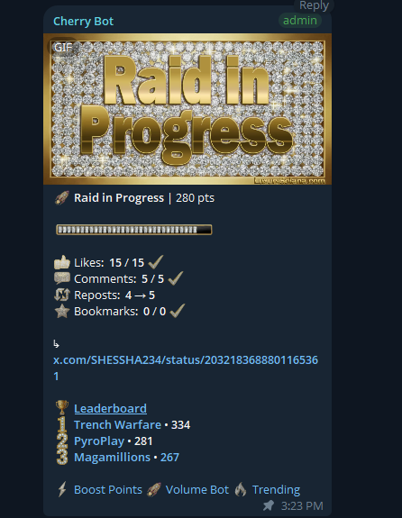 We are top 3 on the Cherry Leaderboard

Go smash the raids:
 t.me/pyroplaytv

CA: 14qW8bcMkmHQtgJ8VohkR4FXiuYWqvLy4AtpGbuDpyro