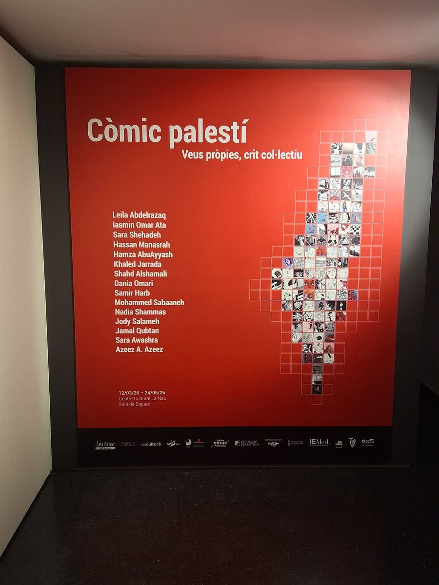 EduMcGuinness's tweet photo. Muy interesante y necesaria la exposición "Còmic palestí: Veus pròpies, crit col.lectiu" que podéis encontrar en @LaNauuv organizada por @Al_Fanar la Cátedra de Estudios del Cómic Fundación SM-UV y @SalonComicVlc entre otros https://t.co/kkM7Gap0Ei