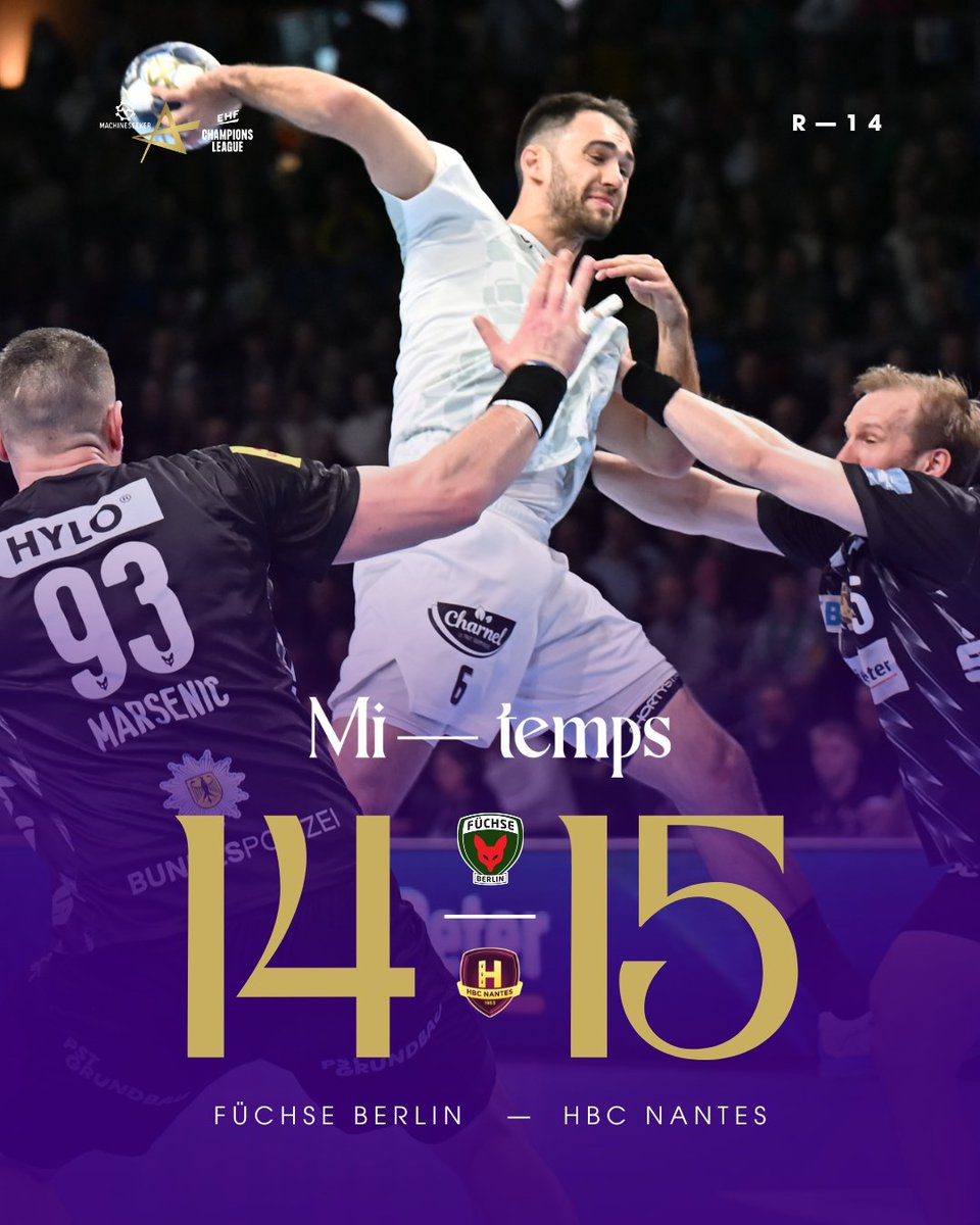 HBCNantes's tweet photo. ⏸️ 𝐌𝐢-𝐭𝐞𝐦𝐩𝐬 : 

Très belle première période des Nantais. 
Berlin avait pris les devants mais le "H" est revenu progressivement en s'appuyant sur un bon Biosca dans la cage.
À la pause, les Violets mènent d'un petit but.

#HBCNBERLIN https://t.co/mZ2LagMwIO