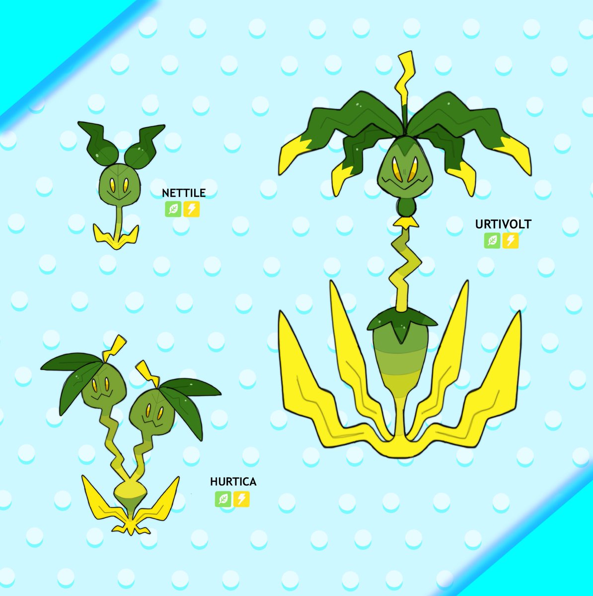 LemonBeLike's tweet photo. POKEMON CROWN AND SCEPTRE POKEDEX

#017: NETTILE
The Nettle Pokemon / Grass/Electric-Type

#018: HURTICA
The Nettle Pokemon / Grass/Electric-Type

#019: URTIVOLT
The Nettle Pokemon / Grass/Electric-Type

#Fakemon #Pokemon #TheCorraRegion https://t.co/9GMrJRJS7R