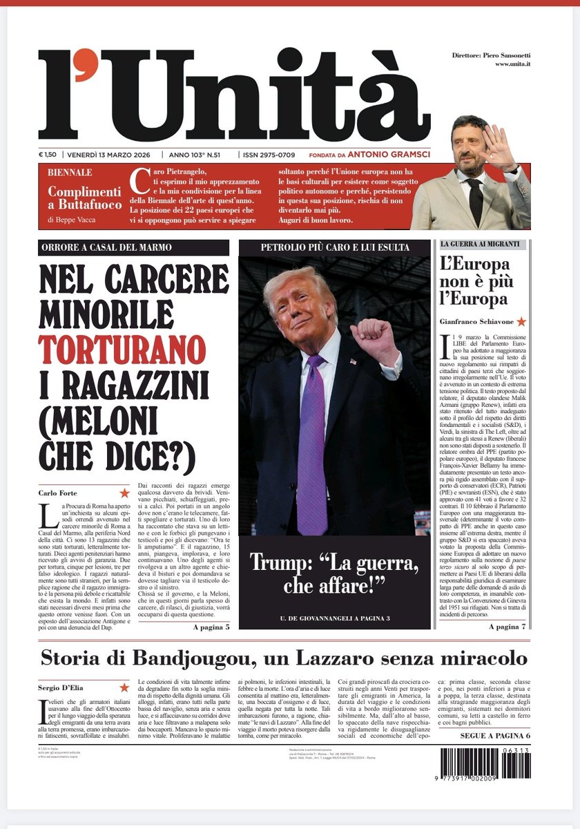 unitaonline's tweet image. 📰 La prima pagina dell’#Unità del #13marzo

Abbonati subito: bit.ly/ABBONATI-SUBITO