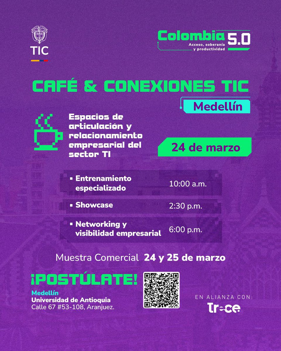 Col5punto0's tweet photo. ¡Atención sector TI en #Medellín! 🚨
Llega Café & Conexiones TIC a la @UdeA el espacio para hacer networking de alto impacto y encontrar aliados estratégicos en el marco de #Colombia50. ☕️🤝
🗓️ 24 y 25 de marzo
📍 Sede Aranjuez
🎫 Inscríbete: https://t.co/YIXVEjB47w
#Col50 https://t.co/jVoHBSIEYG