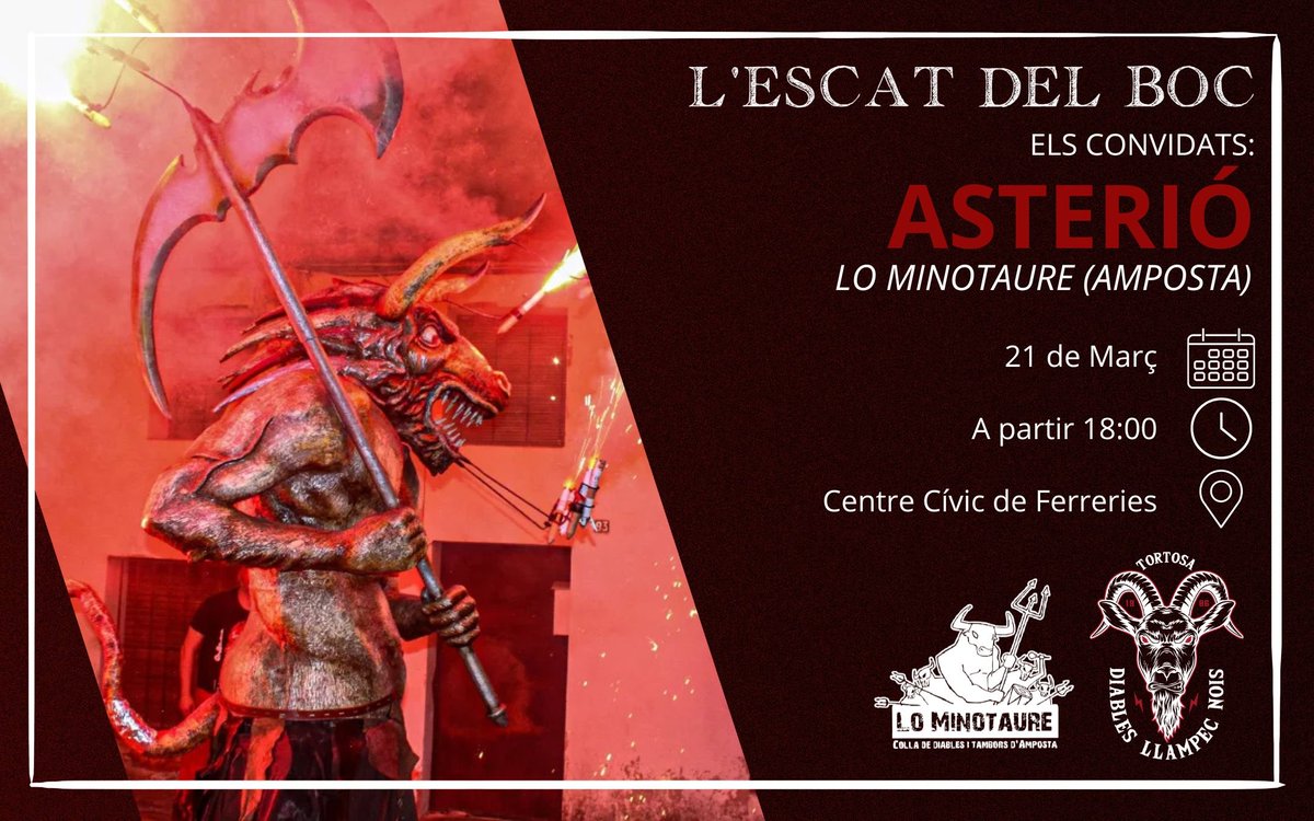 LlampecNois's tweet photo. 🔥L'ESCLAT DEL BOC🔥

Des d'Amposta , vindrà a Ferreries a cremar de valent Asterió de la Colla de diables lo Minotaure

No us podeu perdre L'ESCLAT!! 

Poseu-vos roba de cotó, mocador i veniu en ganes de foc. Natros ja estem a punt.

Este cop... l'esclat serà ben fort! 🔥 https://t.co/4PyYOc45Ec