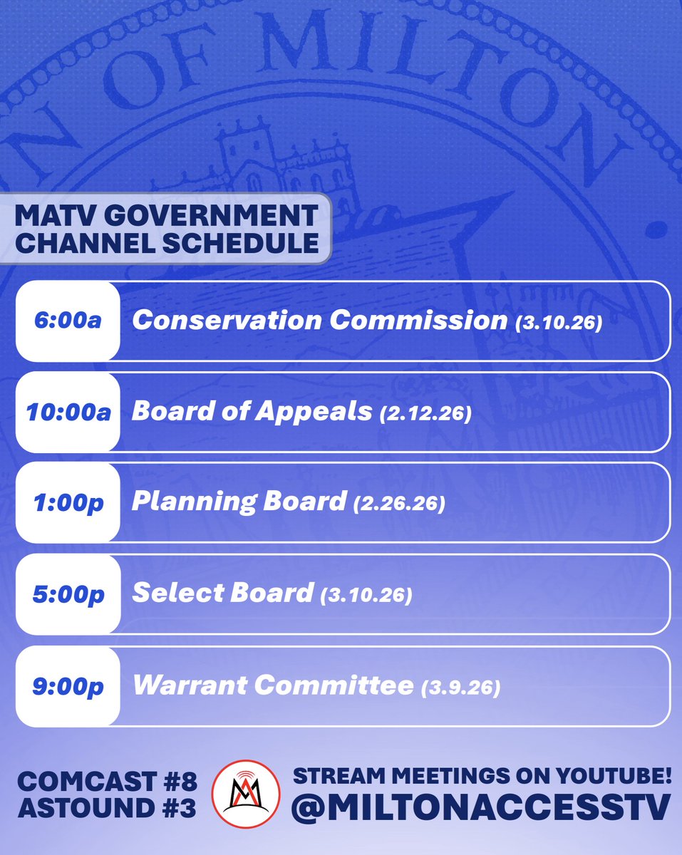 MiltonAccessTV's tweet image. Stay updated on all things Town of Milton with the MATV Government channel! 

Subscribe to our YouTube channel and never miss a meeting!

#miltonMA #miltonmassachusetts #towngovernment