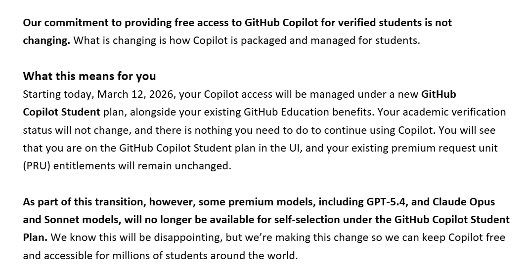 Github Student Pack just removed GPT-5.4, Claude Opus, and Sonnet models 💔