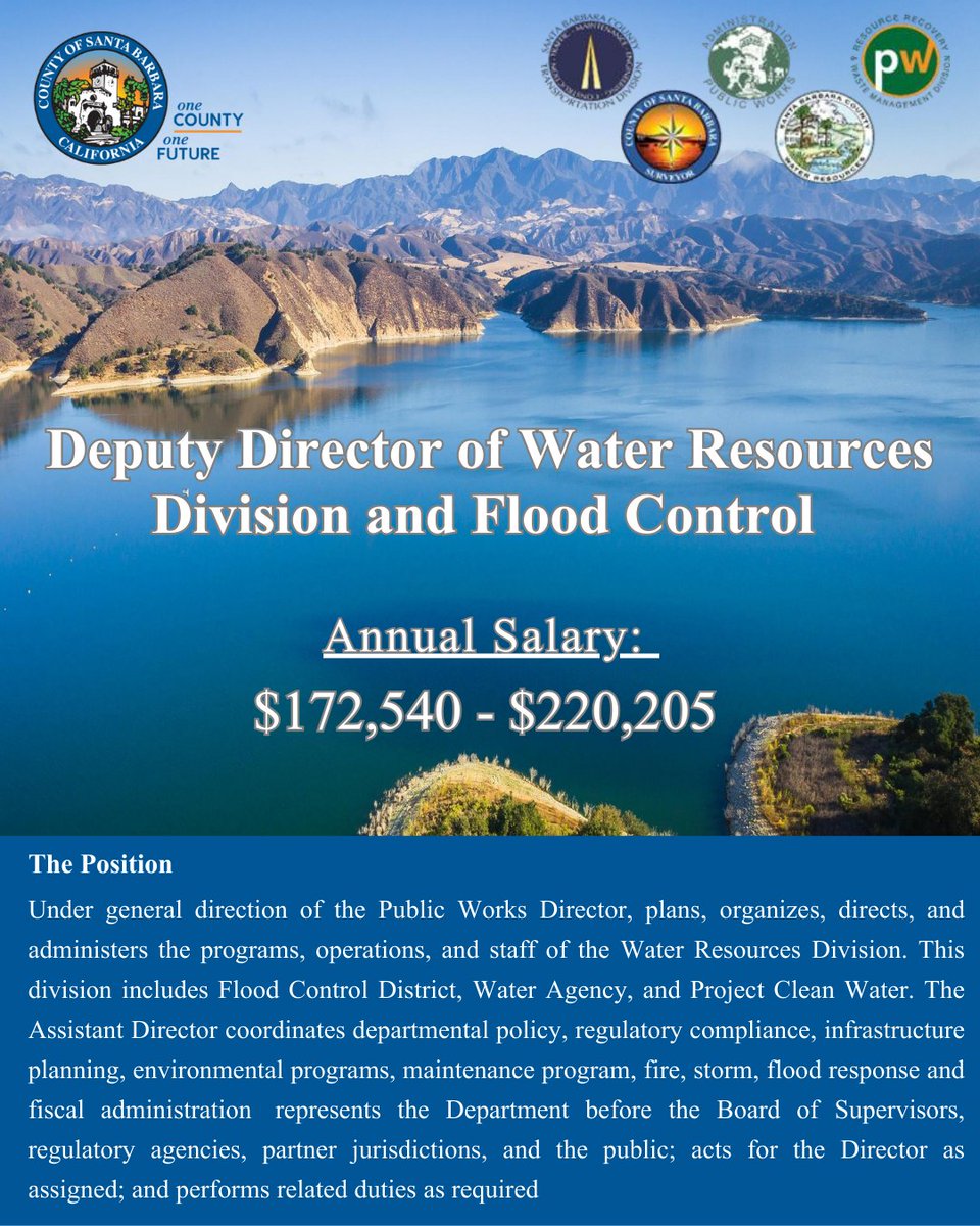CountySBCareers's tweet photo. The County of Santa Barbara Public Works Department is now hiring for the Deputy Director of Water Resource Division &amp; Flood Control!

For more information on this opportunity, please visit https://t.co/9yUEym8cDk.

The deadline to apply is April 3, 2026 at 5pm PST.

#NowHiring https://t.co/ImKBSWzTKU