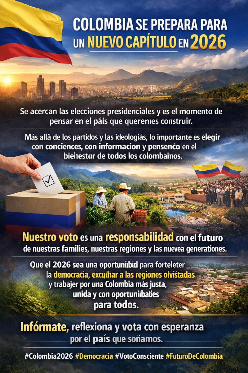 almahuilense's tweet photo. #tendencia 

🇨🇴 #Colombia se prepara para un nuevo capítulo en 2026 🇨🇴

 #elecciones
#Colombia2026 #Democracia #VotoConsciente #FuturoDeColombia https://t.co/Vq6jLdRr53