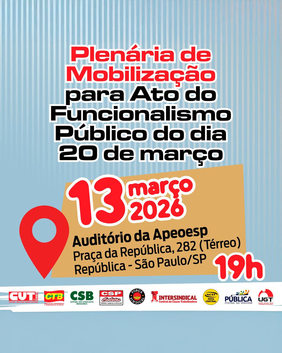 No dia 13 de março, às 19h, as centrais sindicais se reúnem no Auditório da Apeoesp, em São Paulo, para a Plenária de Mobilização.

assetj.org.br/noticias/funci…