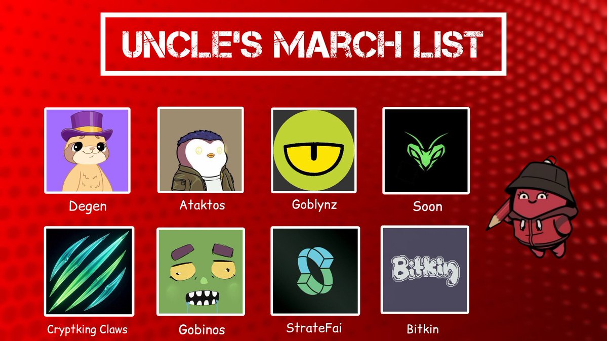 Make sure to keep an eye on👇

‣ <a href="/degentokenbase/">Degen 🎩</a> 
Handled by - 🤔

‣ Ataktos by <a href="/thegreatola/">Ola Ξlixir</a>

‣ <a href="/GoblynzNFT/">Goblynz</a> 
Handled by - <a href="/ssheyii/">ssheyii🦾</a>

‣ <a href="/rewritehistory0/">soon</a> 
Handled by - <a href="/0itsali0/">ali</a> 

‣ <a href="/CryptKingClaws/">CryptKing Claws</a> 
Handled by - <a href="/yourfvrtdegen/">Call me 🌨️</a>

‣ <a href="/gobinosoneth/">Gobinos</a> 
Handled by - <a href="/Amordeev/">Å𝖒Ø𝖗</a>

‣