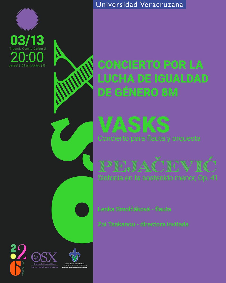 RadioUV's tweet image. ¡Viernes de #OSX por Radio UV! 
Disfruta la transmisión en vivo del concierto de la @OSXUV, con Lenka Smolčáková en la flauta y Zoi Tsokanou como directora invitada, en un programa que visibiliza la lucha por la igualdad de género.

🎧 19:50 horas | 90.5 FM