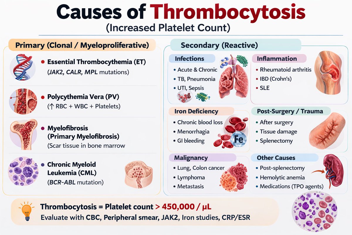 ALn3my's tweet photo. Thrombocytosis = Platelets >450,000 /µL

Causes can be divided into:

🧬 Primary (Myeloproliferative)
🔥 Secondary (Reactive)

A simple summary 👇

#MedTwitter https://t.co/KpdROh40Ip