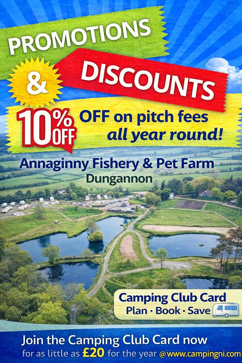 🏕️ Camping Deal in Dungannon!
Camping Club Card members get 10% OFF pitch fees all year round at Annaginny Fishery &amp; Pet Farm 🎣🌿
Relax by beautiful fishing lakes and enjoy a peaceful countryside camping experience.
💳 Membership from just £20/year
Join today 👉