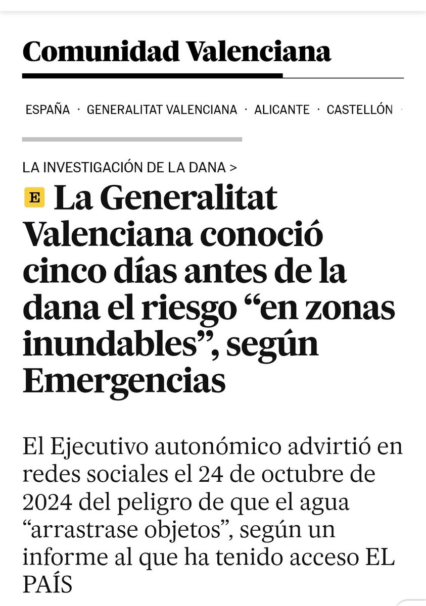 Os cuento esto:

La jueza de la Dana lleva pidiendo este informe hace varios meses, quiere saber si la Generalitat Valenciana estaba informada sobre la Dana.
Es algo que sabemos todos, pero para incorporarlo a la causa debe quedar por escrito.

Hoy le ha llegado.
Desde cinco días
