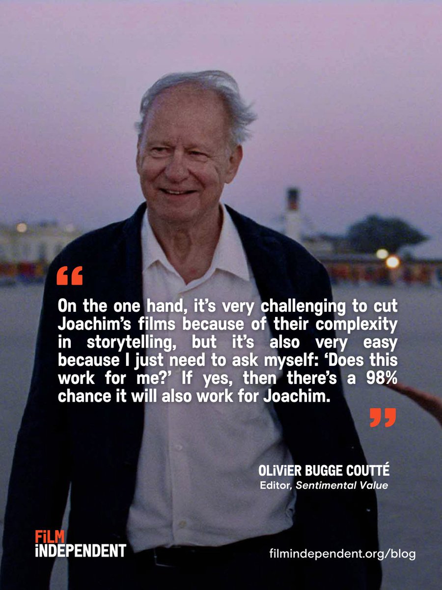 filmindependent's tweet image. ‘Sentimental Value’ editor Olivier Bugge Coutté (2025 #SpiritAwards Nominee) breaks down how he sculpted generational trauma in the film alongside long-time collaborator Joachim Trier.

Full interview #ontheblog: bit.ly/41109YQ

The film recently won at the BAFTA Awards