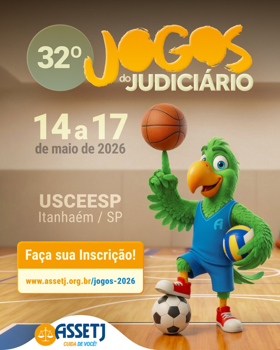 🎯 Junte sua equipe! Vem aí a 32ª edição dos Jogos do Judiciário, em Itanhaém.
⚽🏀 Basquete, Futsal, Society, Vôlei
🏓♟ Truco, Dominó, Xadrez, Sinuca, Tênis de Mesa
📲 Inscrições abertas! 
🔹 assetj.org.br/jogos-2026