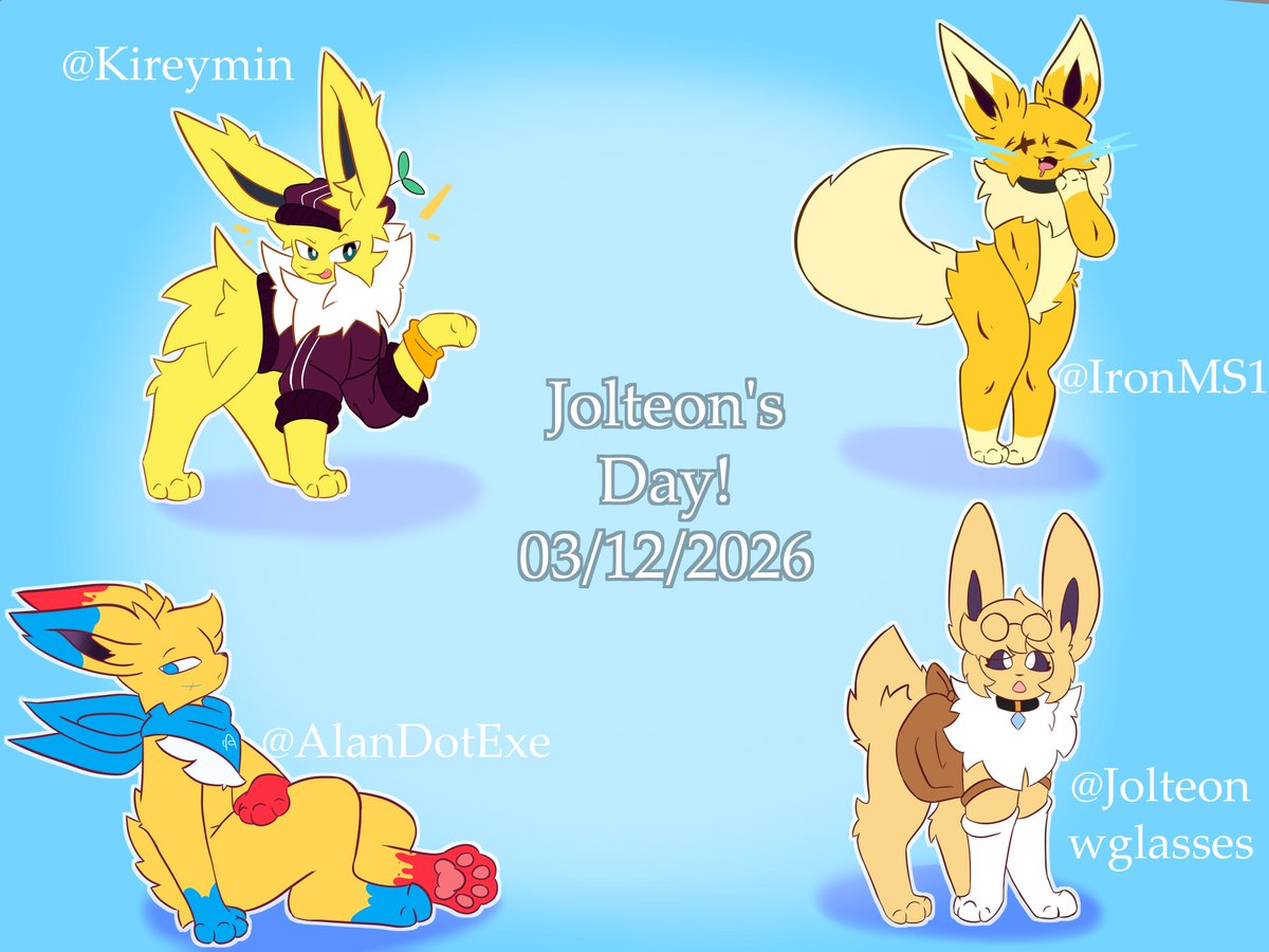 Happy Jolteon's day!, and to celebrate it I drew some Jolteons!, I personally know 3 of them and Kireymin is an artist I personally like a lot nwn

Ft. <a href="/IronMS1/">IronMS</a> <a href="/jolteonwglasses/">Gina the jolt!</a> <a href="/AlanDotExe/">Alan</a> and <a href="/kireymin/">Rey</a> 

#eeveelution #Jolteon #Pokemon