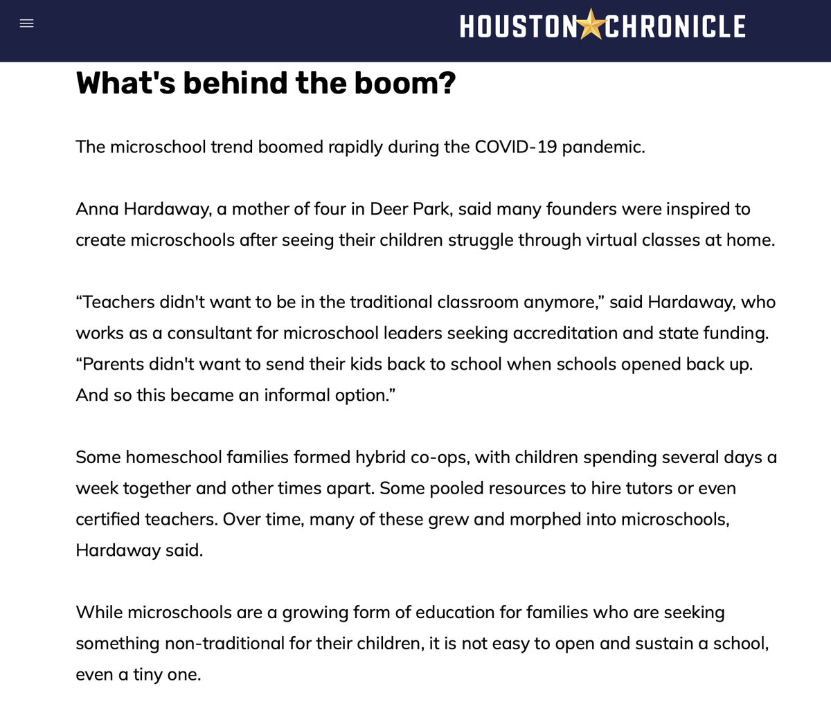 edconsulting_ah's tweet photo. Thanks to @HoustonChron for the focus on the fastest growing educational model in the US! #microschools #dzined2learn https://t.co/y2XQZvf44j