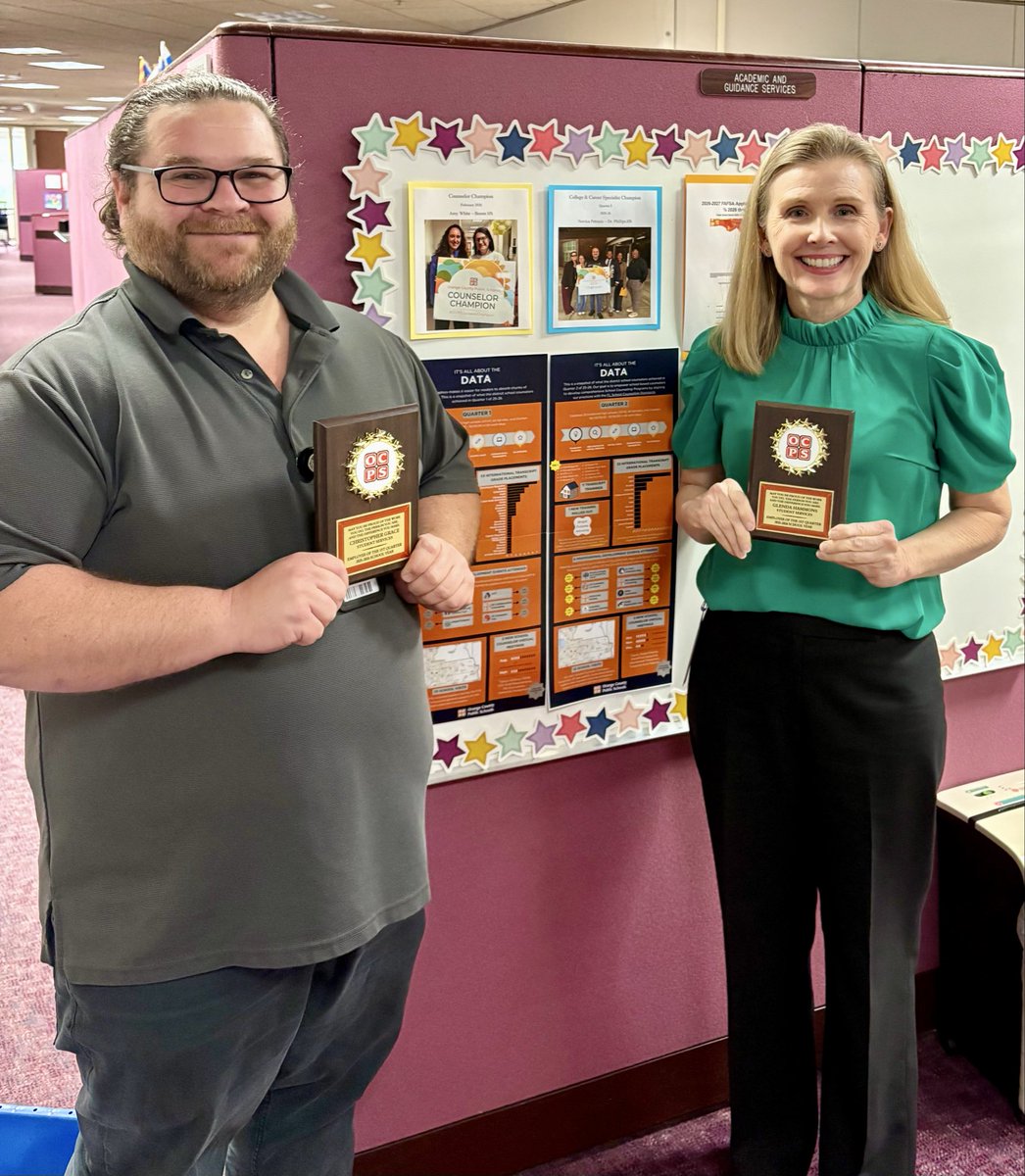 OCPScounselors's tweet photo. Celebrating two standouts in Academic Services! 🎉 Christopher Grace and Dr. Glenda Hammons have been named Student Services Employees of the First Quarter for 2025–26. Recognized by Dr. Brown‑Cannon for their impact and excellence. Well deserved! @OCPSnews https://t.co/I2UYJfSqdS