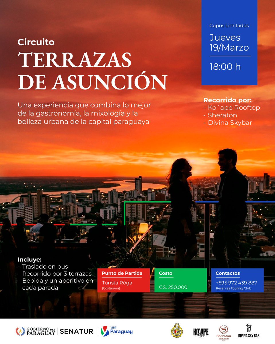 Senatur_Py's tweet photo. 🌆✨ ¡Vivir Asunción desde las alturas nunca fue tan impresionante! 

El Tour Terrazas de Asunción vuelve con nuevas vistas panorámicas, excelente gastronomía, historias únicas y un grupo maravilloso que te acompaña💛📸

¿Todavía no fuiste? ¡No hay problema!Próximamente nueva salida para descubrir la ciudad desde otro ángulo. 🍹

Recorrido por las mejores terrazas de Asunción 🌆 
 
📅Próxima salida:
Marzo 2026
Jueves 19
🕐Hora: 18:00
📍Punto de Partida:  Turista Roga Costanera de Asunción 

📌Incluye: Traslado en bus, bebida y un aperitivo en cada parada.

📲 Reserva tu lugar con @touringpy al +595 972 439 887 - Cupos Limitados