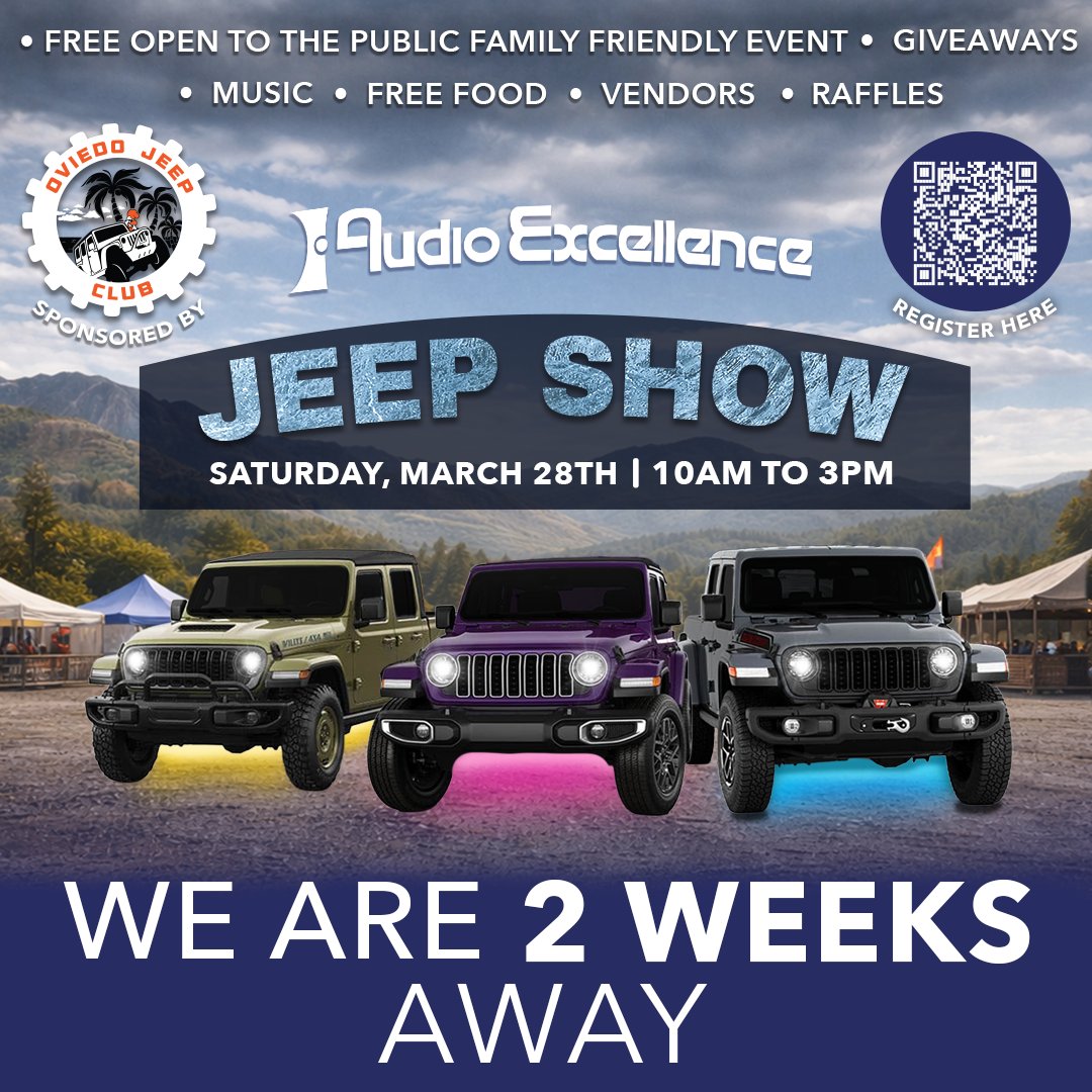 AudioExcellence's tweet image. 🔊Only 2 more weeks until the 2026 Audio Excellence Jeep Show.🔊 

For more information check out our event page
eventbrite.com/e/7th-annual-a…

#AudioExcellence #CustomSound #CarAudioUpgrade #orlandocaraudio #carporn #cars #orlandosbest