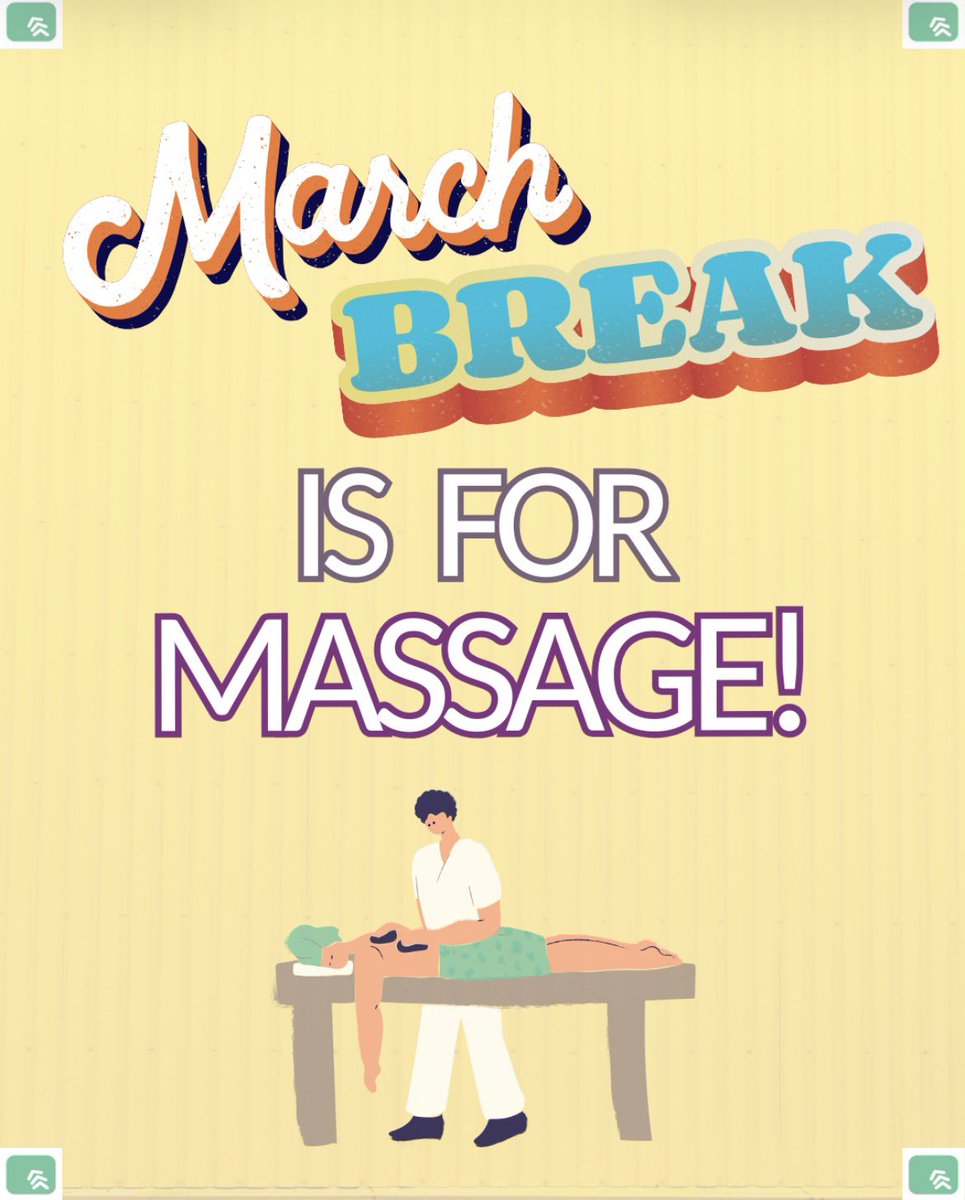 StAndrewsChiro's tweet photo. If your March break is a “Stay-cation” why not get in for a #massage?  There’s still a few spots left next week so act fast! 🏃‍♂️💨

Rest assured Dr. A. &amp; Dr. B. will also be here Monday to Thursday during March Break. 😃 https://t.co/PekSelnq0k