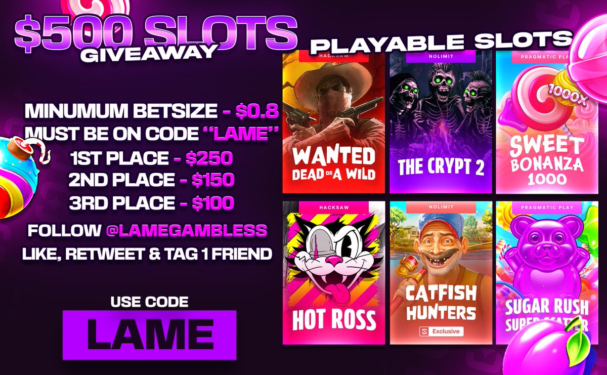 🎰$500 SLOTS GIVEAWAY
💰$10 RANDOM RT

💎HIGHEST MULTIPLIER PAYOUT WINS $$

🥇1ST PLACE - $250
🥈2ND PLACE - $150
🥉3RD PLACE - $100

☑️MUST BE UNDER CODE "LAME" 
shuffle.com/?r=LAME
☑️MINIMUM BETSIZE - $0.8 (USD)
☑️PROVIDE PROOF + USERNAME &amp; LINK + DATE

🗓️ENDS IN 10 DAYS