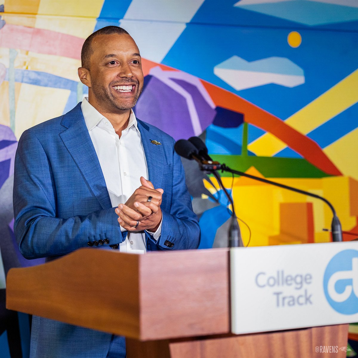 Ravens's tweet photo. We are thrilled to announce the opening of the Baltimore Ravens College Track Center in West Baltimore. 

Our Team. Our Schools. 💜