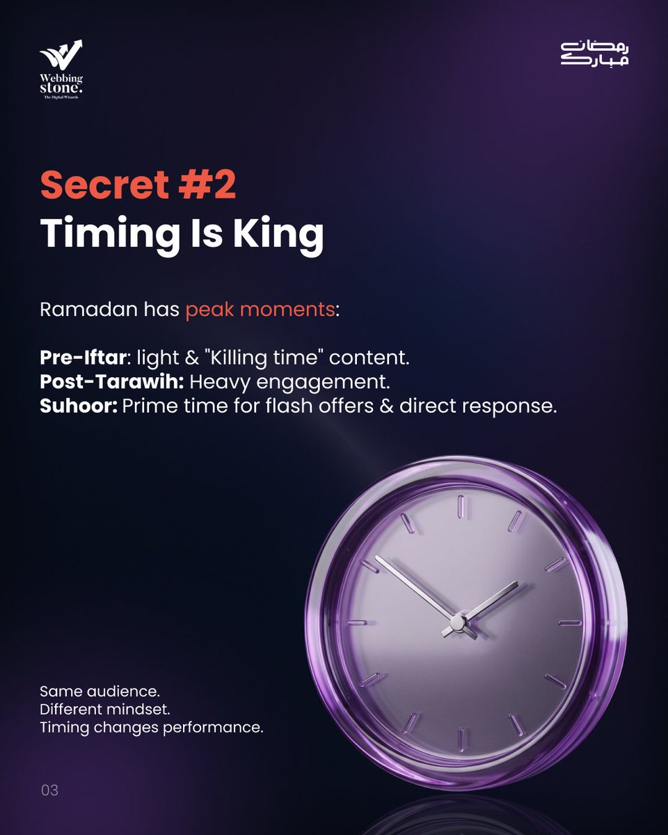 WebbingStone's tweet photo. Most Ramadan ads fail because they sell products, not moments.
Win Ramadan marketing:
 ✨ Sell the feeling
 ⏰ Perfect timing
 📊 Adapt to the phase
 🤝 Use real people
 🌙 Create the vibe
#Ramadan #Ramadan2026 #SaveForLater #RamadanInsights https://t.co/LFmPCcPERW