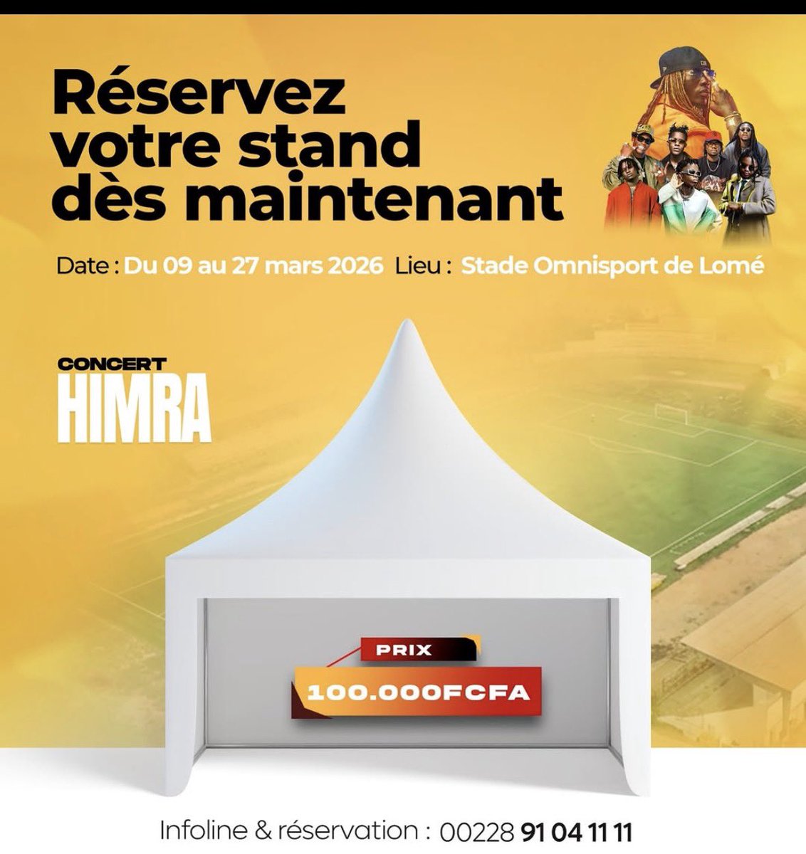 akadje_ange's tweet photo. 🎪 Stands disponibles au prix de 100 000 FCFA 💰🔥
Profitez de l’événement pour exposer et vendre devant des milliers de personnes ⚔️

📍 04 Avril – Stade Omnisports de Lomé 🇹🇬

📞 Pour toute information ou réservation : +228 91 04 11 11

#CDKGROUP #CDKEVENT #HIMRA ⚔️🔥 https://t.co/9acrtoiX3x