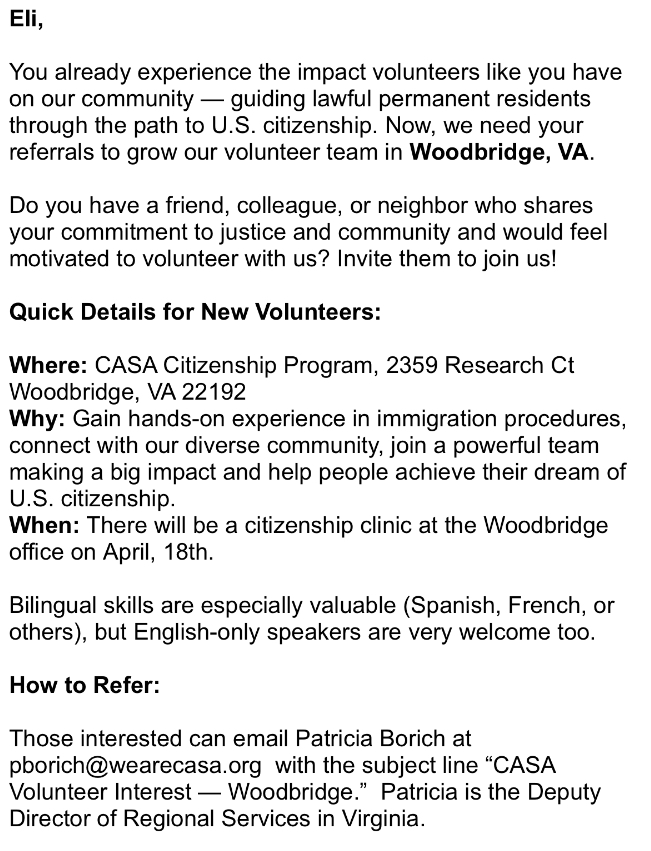 elicrafra5's tweet photo. I’ve been volunteering at @CASAforall citizenship clinics for over a year now helping green card holders apply for naturalization. They’re launching a new clinic in Woodbridge, VA on Sat. 4/18 &amp; need volunteers. Details below (+ pic of me!) Next Rockville, MD clinic is Sat. 4/25. https://t.co/chr2xXChxI