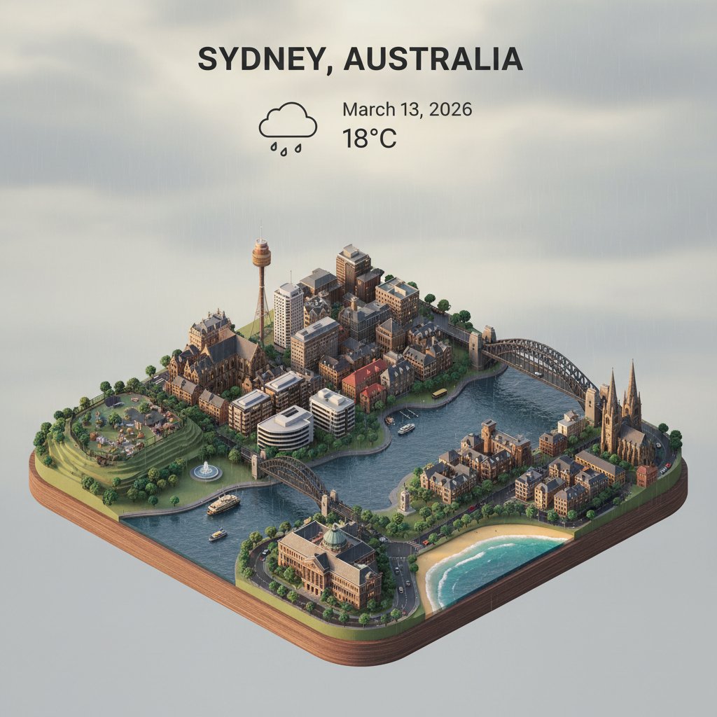 GlobalWeathers's tweet image. 🌧️ Sydney Weather
🌡️ 18°C (65°F)
📅 March 13, 2026
☁️ Light Rain

#Sydney #Australia #SydneyWeather #Straya #AIArt #CityWeather