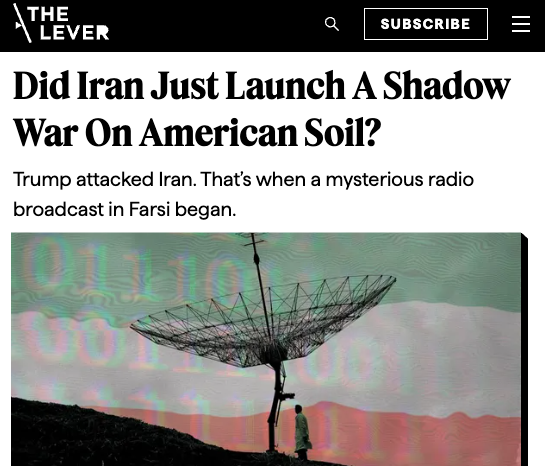 davidsirota's tweet photo. 🎧LEVER TIME: A shortwave radio station is suddenly broadcasting numbers in Farsi. Is the Iranian regime signaling to sleeper cells in America?

Is Trump suppressing warnings about an imminent attack on the homeland?

I talk to natsec reporter @ShaneHarris to get some answers. https://t.co/HtRyrweVlF