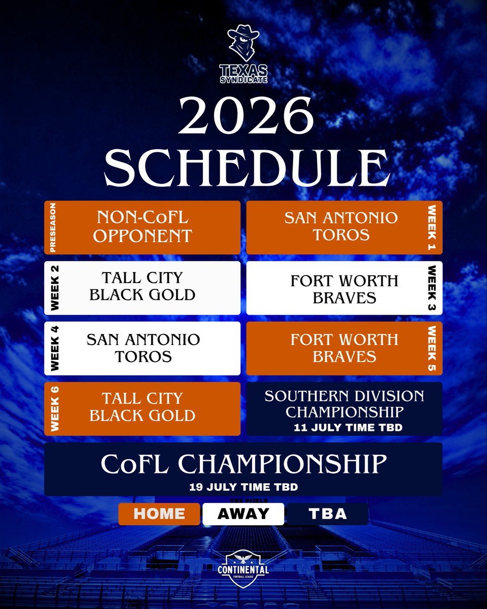 Mark your calendars, Syndicate Family! 📢 The wait is over. The 2026 Texas Syndicate CoFL Schedule is here! 💥

Preseason kicks off against a Non-CoFL Opponent. Then we dive headfirst into divisional battles against the Toros and Braves. We close out the regular season with a