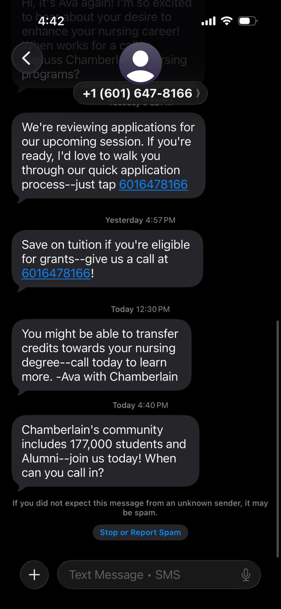sheatech's tweet photo. @chamberlainedu this is the second person to reach out to me. I asked the first person to take me off the list. How do I make this stop? https://t.co/RK7bzeQzCg